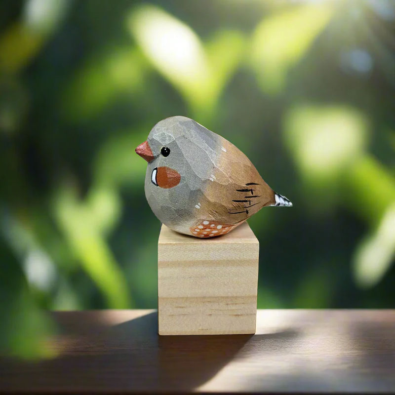 Zebra Finch Figurine Hand Carved Painted Wooden - Style:Gray