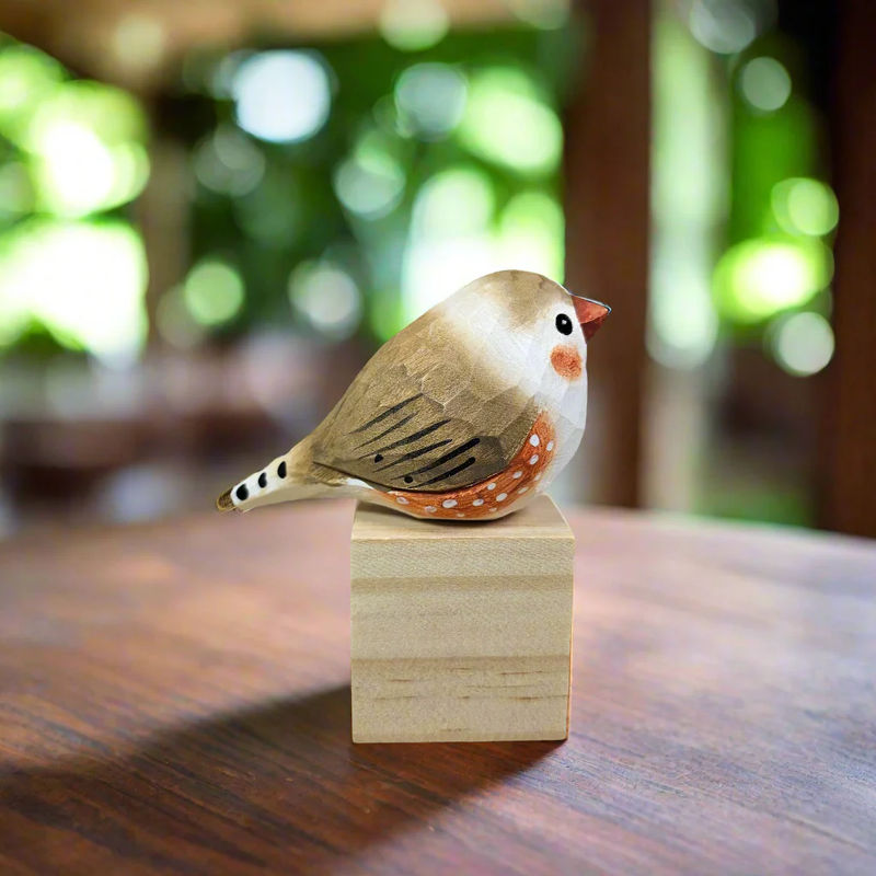 Zebra Finch Figurine Hand Carved Painted Wooden - Style:Orange