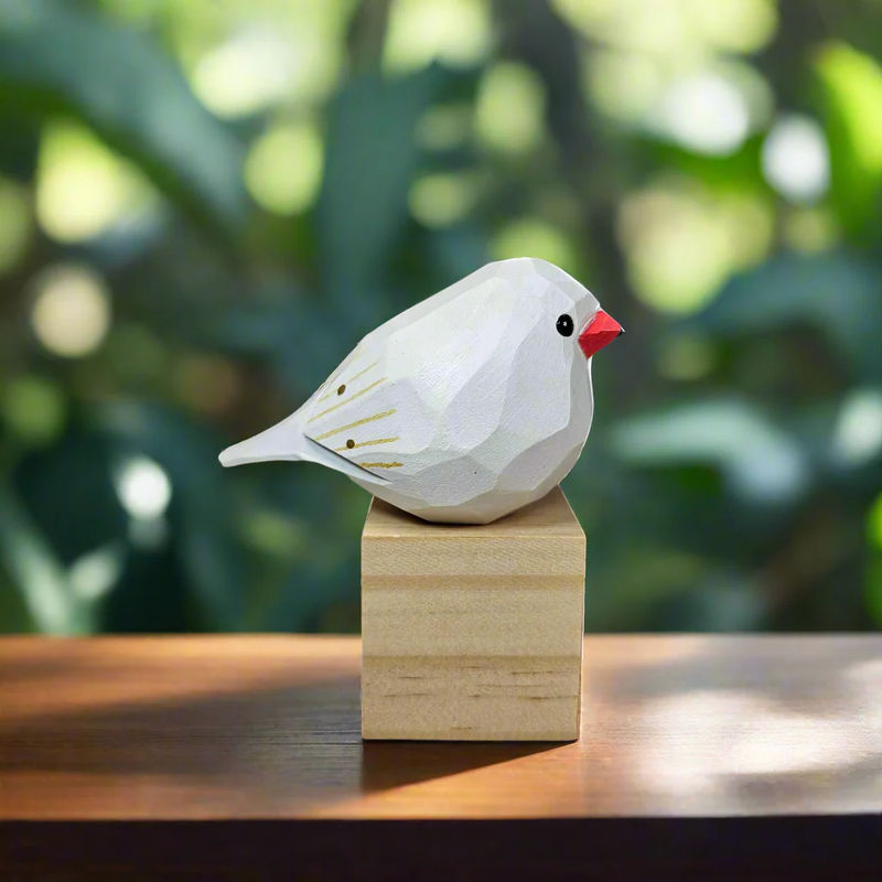 Zebra Finch Figurine Hand Carved Painted Wooden - Style:White