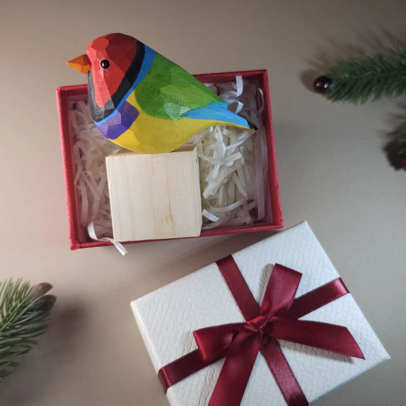 Bird Figurine comes with wooden stand and gift box packaging - Style:Gouldian finch_Red