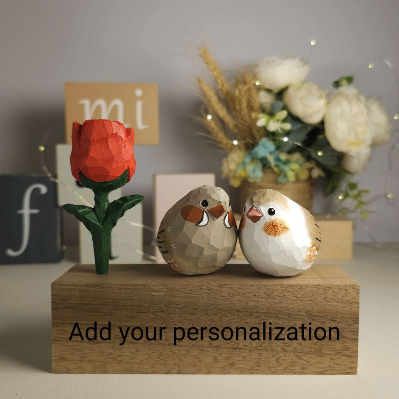 Zebra Finch Couple Figurine with Wooden Rose