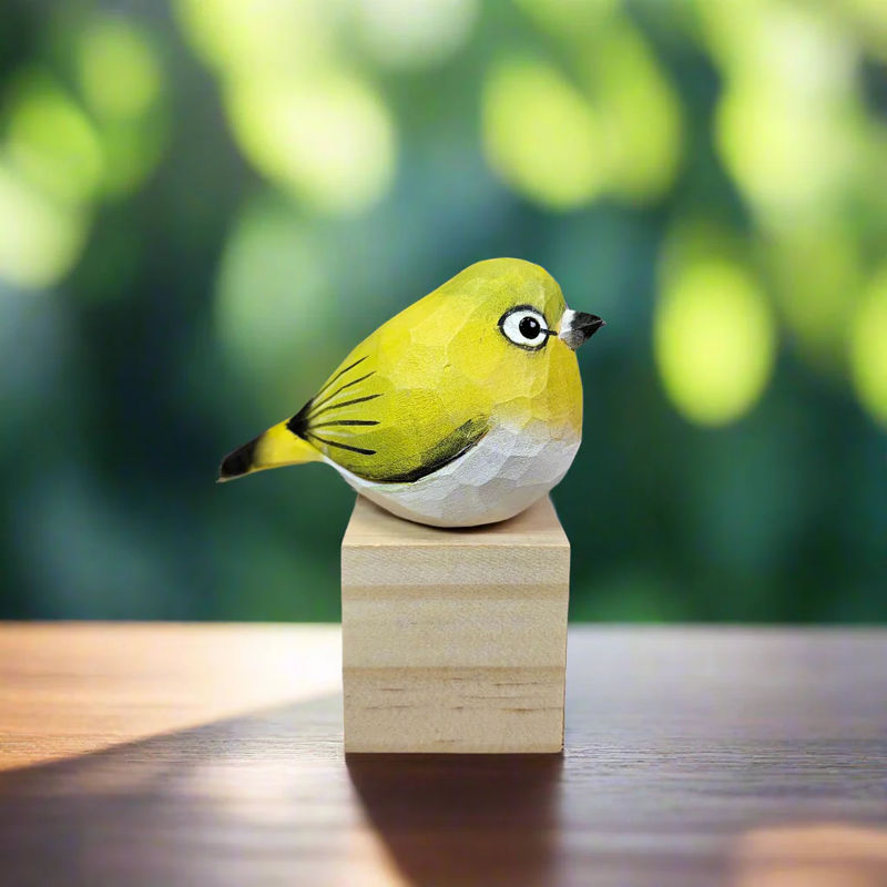 Hand-Painted Wooden White-Eye Bird Figurine – Elegant Artisan Decor