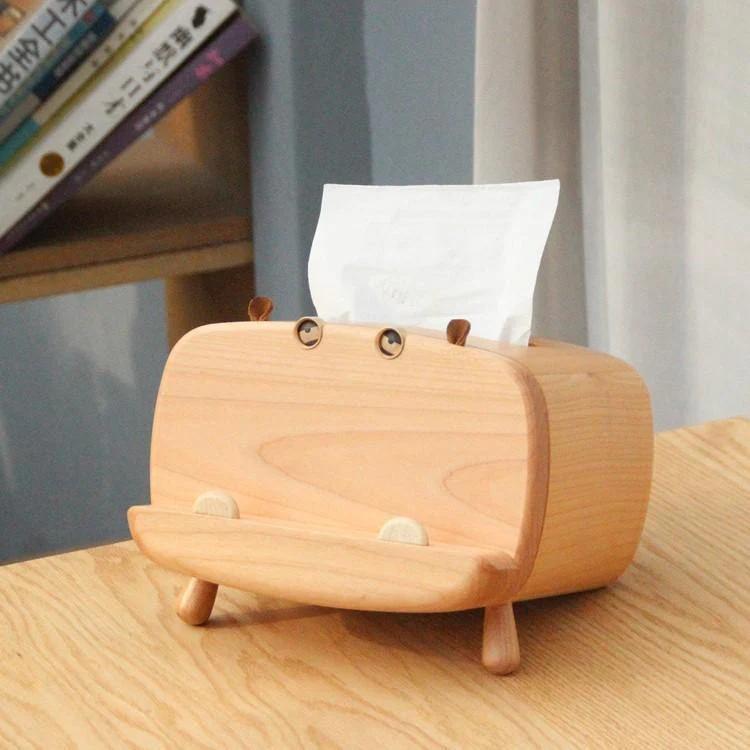 Tissue Box Cover with Phone Holder Wooden Handmade Hippo Decoration - Style:Alder Wood