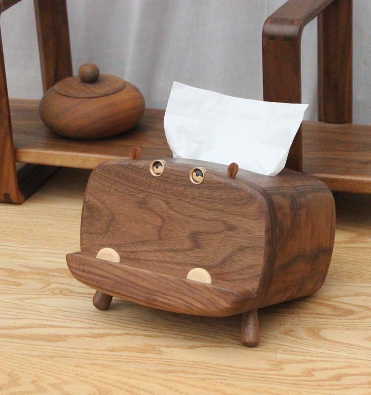 Tissue Box Cover with Phone Holder Wooden Handmade Hippo Decoration - Style:Black Walnut