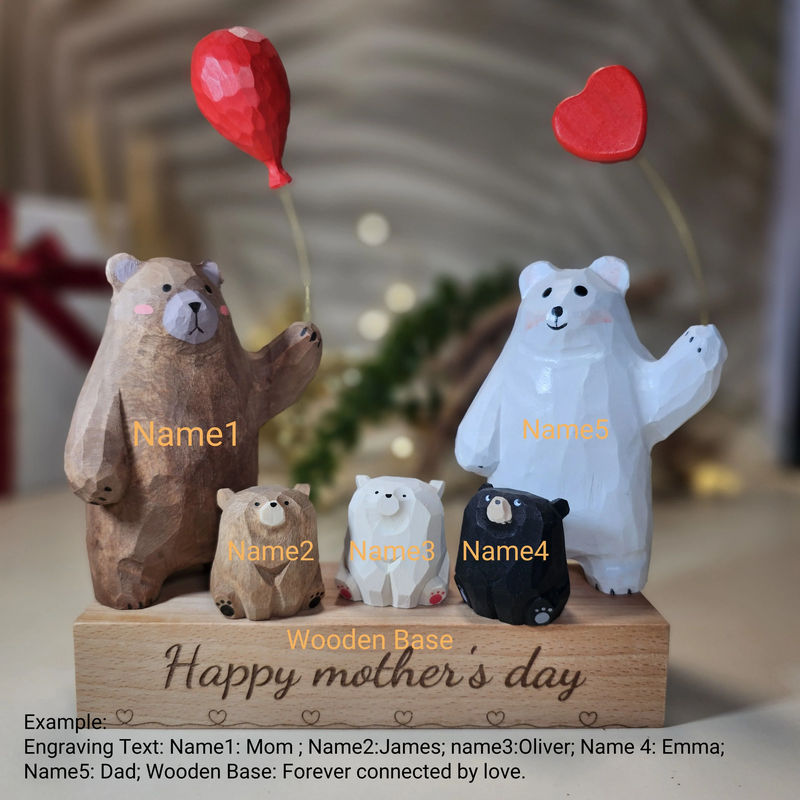 Bear Family Figurines - Customizable Engraved Names - Size-Color:Family of 5