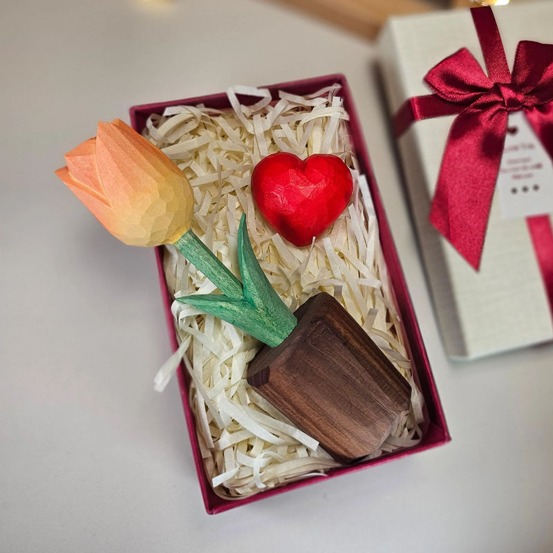 Handcrafted Wooden Orange Tulip Figurine with Customizable Red Heart – Gift Box Included