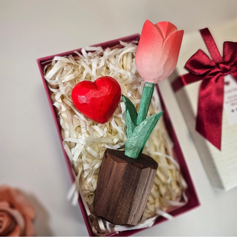 Handcrafted Wooden Pink Tulip Figurine with Customizable Red Heart – Gift Box Included