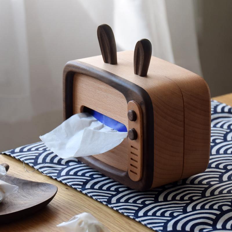 Retro TV Tissue Box Cover Wooden Handmade Rabbit Home Decoration