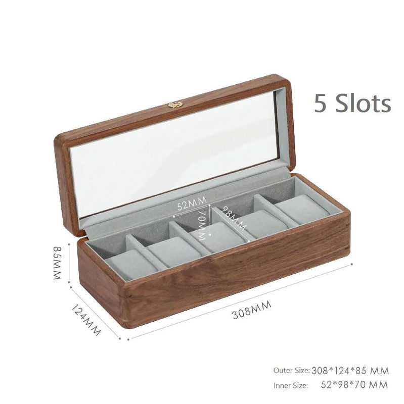 Watch Box Black Walnut Wood Jewelry Storage case With 5/10 Slots - Style:5 Slots