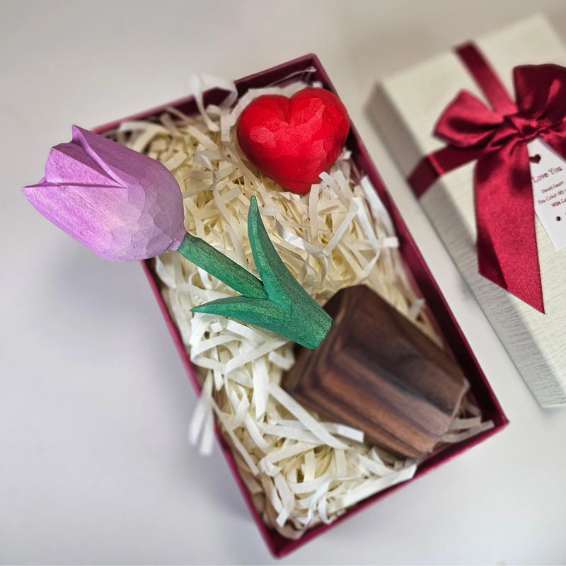 Handcrafted Wooden Purple Tulip Figurine with Customizable Red Heart – Gift Box Included