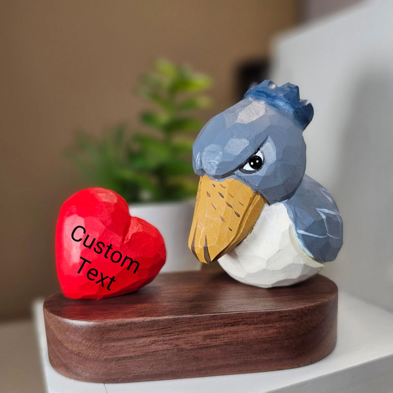 Shoebill Figurine with Wooden Red Heart – Unique Handcrafted Décor